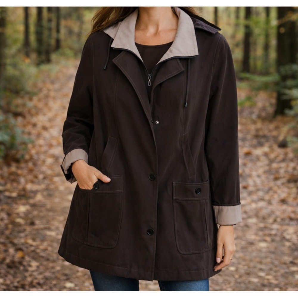 VTG Gallery Woman Mocha Brown Jacket 1XL Hooded‎ Lined Full Zip Outdoors Classic